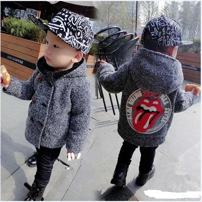 Boys Autumn Winter Coat Hooded Big Mouth Cartoon Print Thick Double-breasted Outwear Baby Boy Outfit 2-6T
